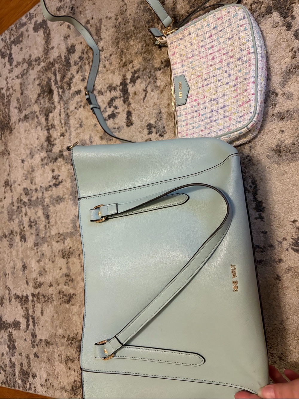 Nine West Light Blue Leather Shoulder Bag with Tweed Crossbody Pouch